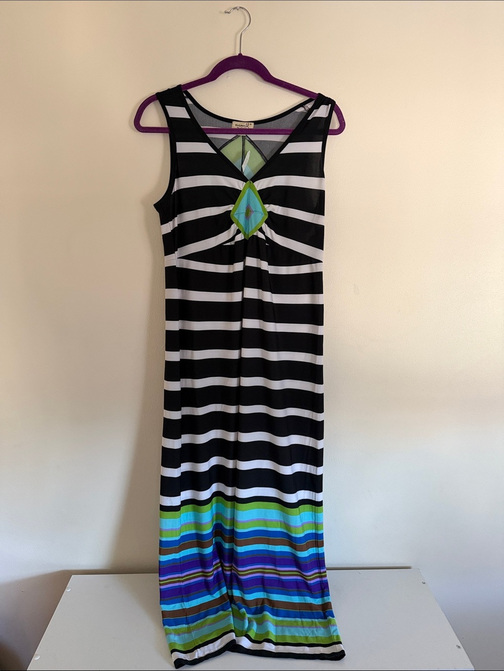 ONE WORLD Black and White Striped Maxi Dress with Green and Blue Hem